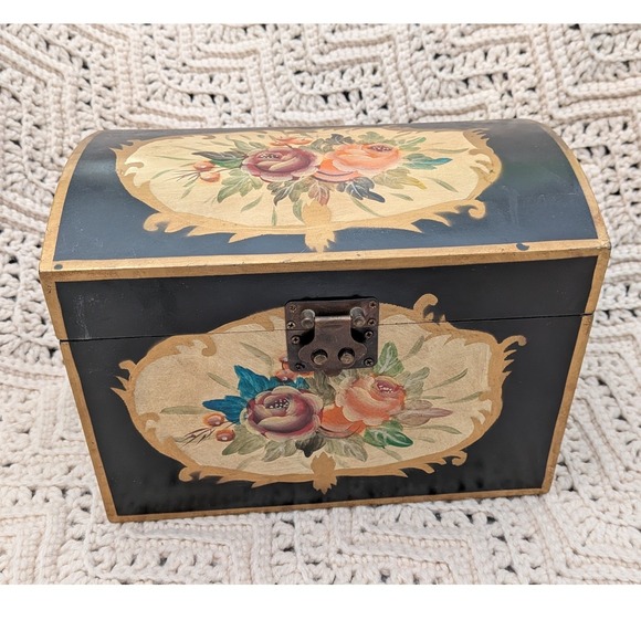 Unbranded Other - Vintage Hand Painted Floral Wooden Keepsake Chest Black Gold Jewelry Box 9.5in